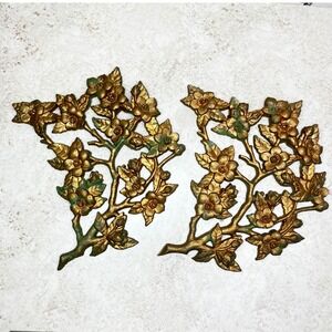 Burwood Wall Plaques 2795-2A 2B 10in Gold Vintage Dogwood Flower Set 2